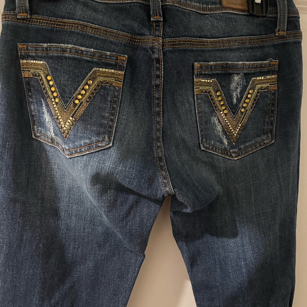 Vigoss Dark Blue Boot Cut Jeans with Gold Stud Embellished Pockets.
